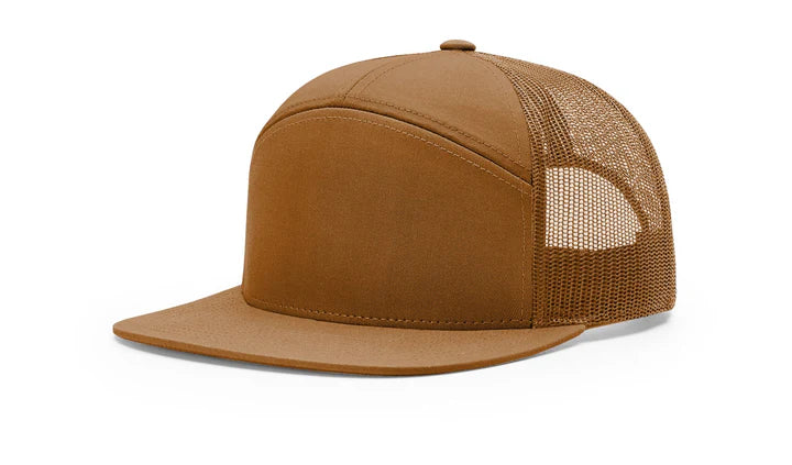 RICHARDSON 168 7 PANEL TRUCKER SNAPBACK HAT (CUSTOM LEATHER WITH YOUR LOGO)